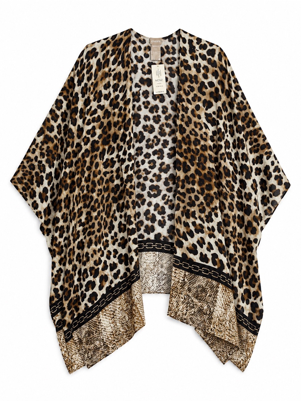 Chico’s Leopard Fusion Animal Print Ruana Kimono Brown Black One Size